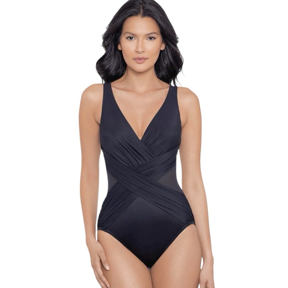 Miraclesuit Black Solid Crossover Drape One Piece Swimsuit Size 8‎ Style 6516689